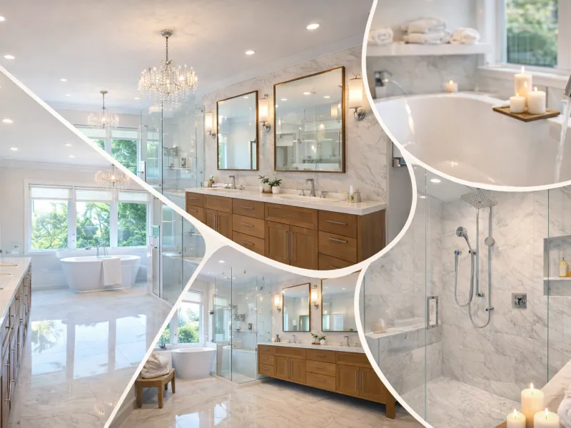 luxury modern bathroom, American style bathroom design, high-end bathroom interior, walk-in shower marble bathroom, freestanding bathtub luxury, double vanity bathroom, marble bathroom tiles, premium bathroom interior, modern bathroom lighting, elegant bathroom design