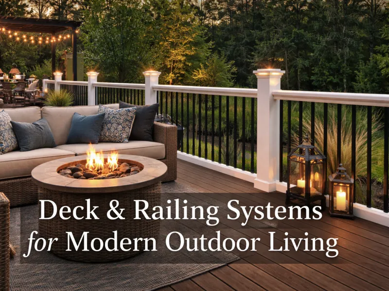 deck and railing systems, outdoor deck railing, TimberTech Radiance Rail, modern deck design, deck railing with lighting, outdoor living space, backyard deck, patio railing, modern outdoor living