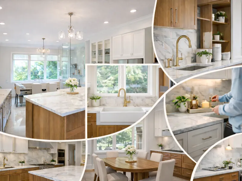 luxury modern kitchen, American style kitchen interior, kitchen island with chairs, marble kitchen island, open concept kitchen, custom kitchen cabinets, modern kitchen lighting, premium kitchen design, contemporary kitchen interior, elegant kitchen space