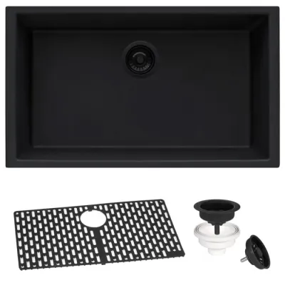 Ruvati epiGranite 30 x 18 inch Granite Composite Undermount Single Bowl Kitchen Sink – Midnight Black