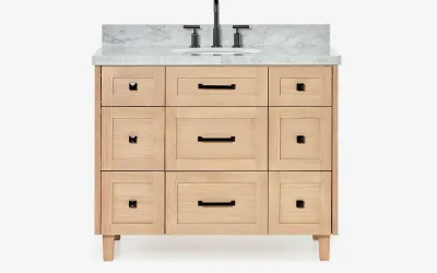 Ariel monroe 43 inch single oval sink bathroom vanity with italian carrara white marble countertop 1.5 inch edge in oak