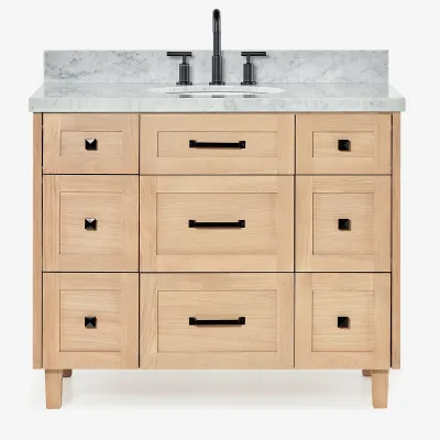 Ariel monroe 43 inch single oval sink bathroom vanity with italian carrara white marble countertop 1.5 inch edge in oak