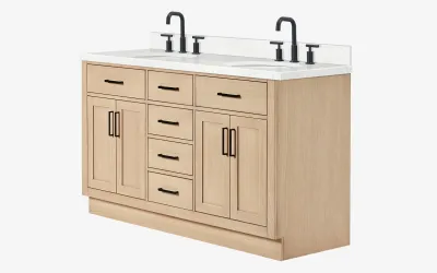 Ariel hepburn 60 inch double oval sink bathroom vanity with carrara white quartz countertop 1.5 inch edge in oak