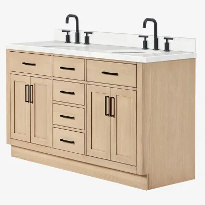 Ariel hepburn 60 inch double oval sink bathroom vanity with carrara white quartz countertop 1.5 inch edge in oak