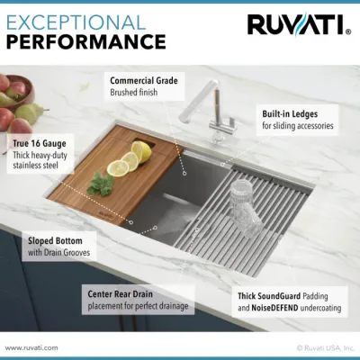 Ruvati Verona 33-inch Apron-front Workstation Farmhouse Kitchen Sink 16 Gauge Stainless Steel Single Bowl – RVH9200