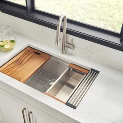 Ruvati Verona 33-inch Apron-front Workstation Farmhouse Kitchen Sink 16 Gauge Stainless Steel Single Bowl – RVH9200