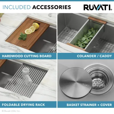 Ruvati Verona 33-inch Apron-front Workstation Farmhouse Kitchen Sink 16 Gauge Stainless Steel Single Bowl – RVH9200
