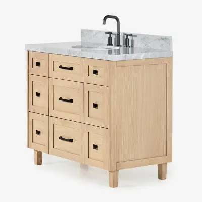 Ariel monroe 43 inch single oval sink bathroom vanity with italian carrara white marble countertop 1.5 inch edge in oak