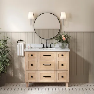 Ariel monroe 43 inch single oval sink bathroom vanity with italian carrara white marble countertop 1.5 inch edge in oak