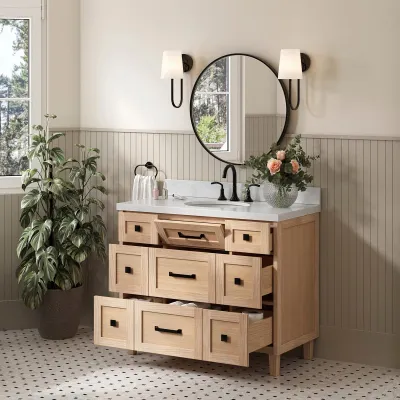 Ariel monroe 43 inch single oval sink bathroom vanity with italian carrara white marble countertop 1.5 inch edge in oak