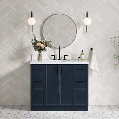 Ariel kelly 61 inch double oval sink bathroom vanity with italian carrara marble countertop 1.5 inch edge in midnight