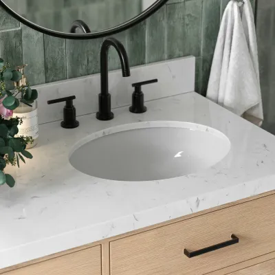 Ariel hepburn 60 inch double oval sink bathroom vanity with carrara white quartz countertop 1.5 inch edge in oak