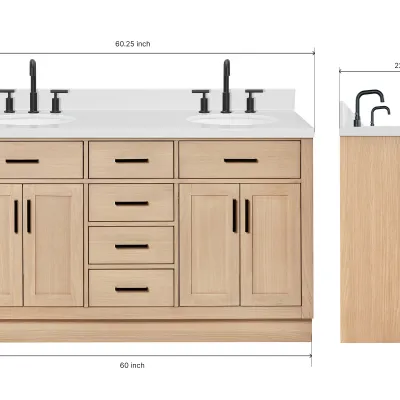 Ariel hepburn 60 inch double oval sink bathroom vanity with carrara white quartz countertop 1.5 inch edge in oak