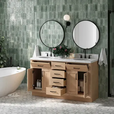 Ariel hepburn 60 inch double oval sink bathroom vanity with carrara white quartz countertop 1.5 inch edge in oak