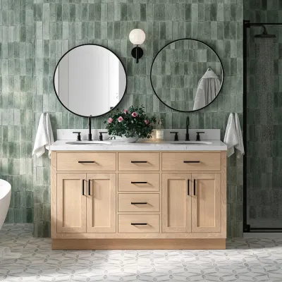 Ariel hepburn 60 inch double oval sink bathroom vanity with carrara white quartz countertop 1.5 inch edge in oak