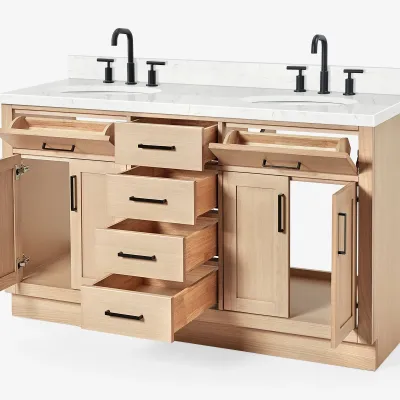 Ariel hepburn 60 inch double oval sink bathroom vanity with carrara white quartz countertop 1.5 inch edge in oak