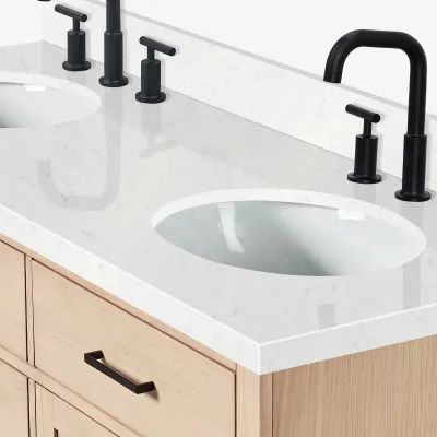 Ariel hepburn 60 inch double oval sink bathroom vanity with carrara white quartz countertop 1.5 inch edge in oak