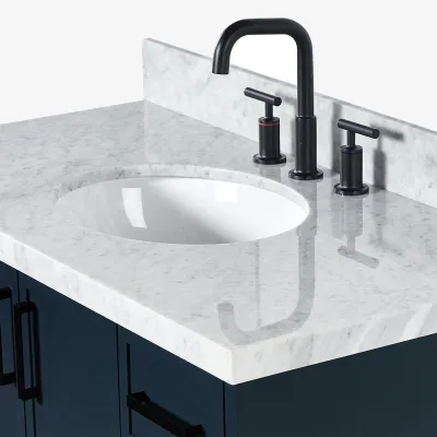 Ariel kelly 61 inch double oval sink bathroom vanity with italian carrara marble countertop 1.5 inch edge in midnight