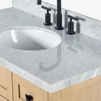 Ariel monroe 43 inch single oval sink bathroom vanity with italian carrara white marble countertop 1.5 inch edge in oak