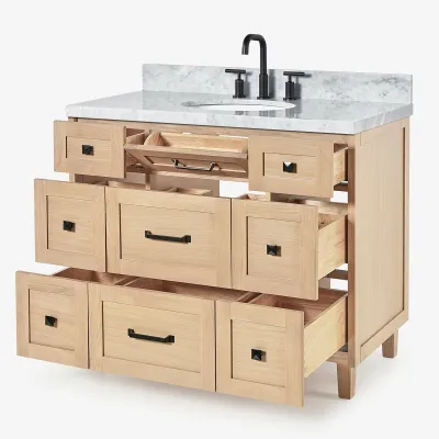 Ariel monroe 43 inch single oval sink bathroom vanity with italian carrara white marble countertop 1.5 inch edge in oak