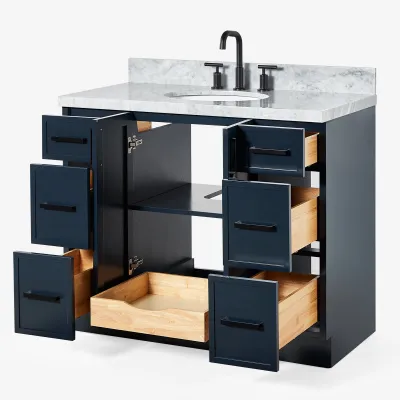 Ariel kelly 61 inch double oval sink bathroom vanity with italian carrara marble countertop 1.5 inch edge in midnight