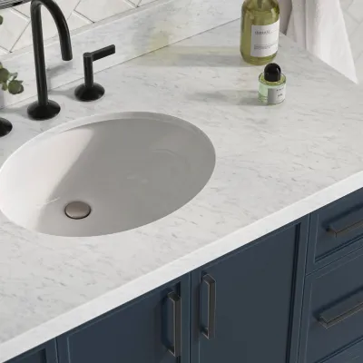 Ariel kelly 61 inch double oval sink bathroom vanity with italian carrara marble countertop 1.5 inch edge in midnight