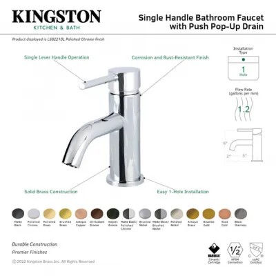 Kingston Concord LS8220DL One-Handle 1-Hole Bathroom Faucet with Push Pop-Up Drain, Matte Black
