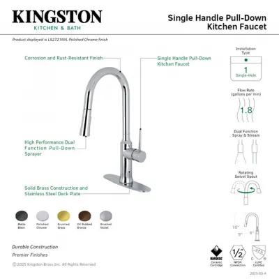 Kingston New York LS2720NYL Single-Handle Pull-Down Kitchen Faucet, Matte Black