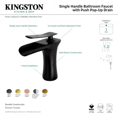 Kingston Executive LS8420QLL One-Handle 1-Hole Bathroom Faucet with Push Pop-Up Drain, Matte Black