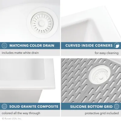 Ruvati epiGranite 30 x 18 inch Granite Composite Undermount Single Bowl Kitchen Sink – Arctic White