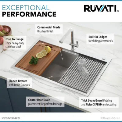 Ruvati Siena 33 x 22 inch Workstation Ledge Drop-in 16 Gauge Rounded Corners Stainless Steel Kitchen Sink Single Bowl