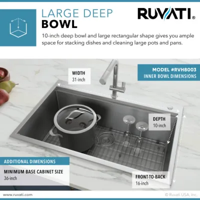 Ruvati Siena 33 x 22 inch Workstation Ledge Drop-in 16 Gauge Rounded Corners Stainless Steel Kitchen Sink Single Bowl